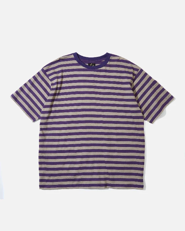 Printed Trousers S/S Crew Neck Tee - Cotton Stripe Jersey - Purple & Grey