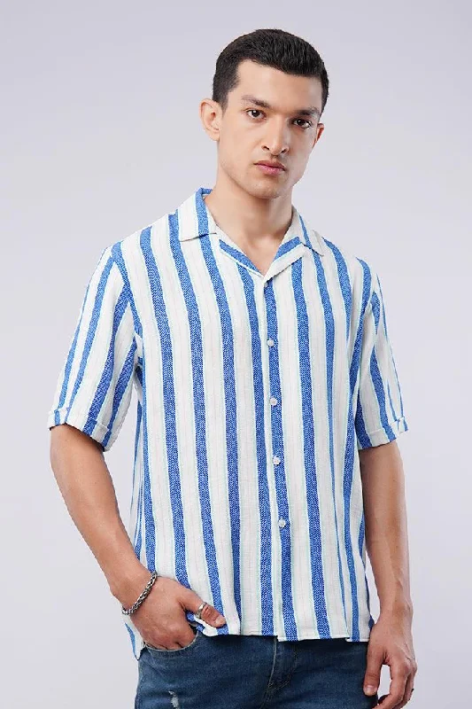 Athletic Wear Striped Cuban Shirt - Blue & White