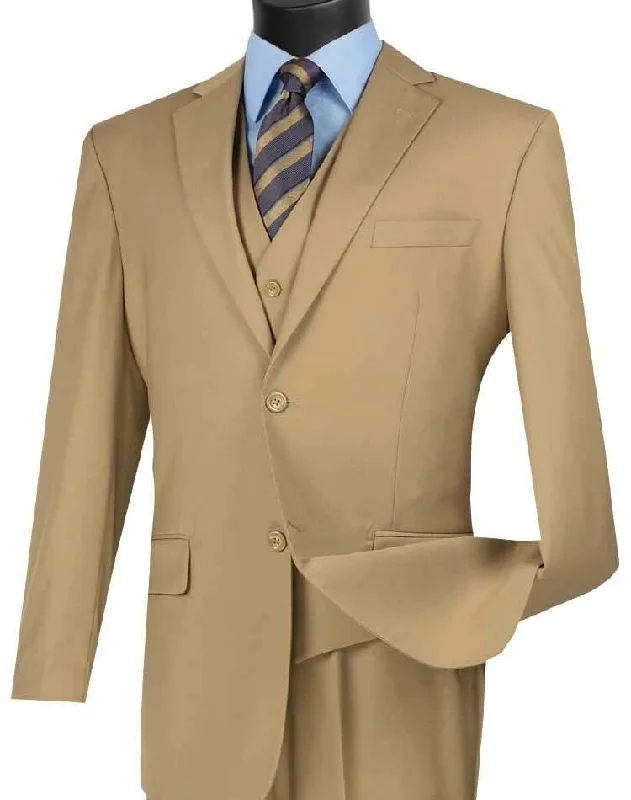 Sporty Looks Three Piece Classic Fit Vested Suit Color Khaki