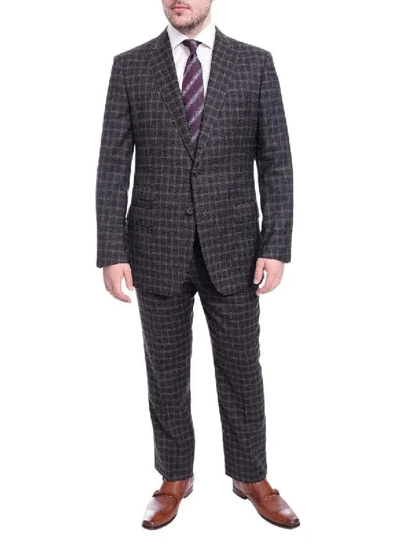 Stylish Trousers Blujacket Slim Fit Charcoal Gray & Blue Plaid Half Canvassed Wool Suit