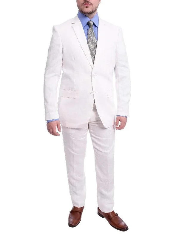 Designer Outerwear Gino Vitale Slim Fit Solid White Two Button Linen Suit