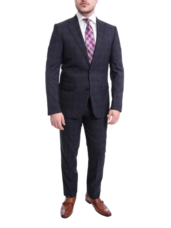 Statement Shirts Napoli Slim Fit Navy Blue Plaid With Red Windowpane Half Canvassed Wool Suit