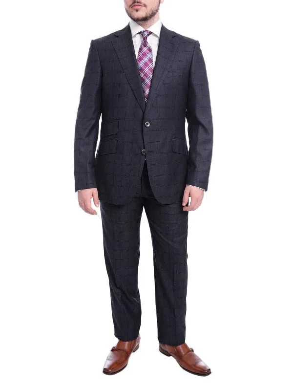 High-end Sneakers Robert Graham Modern Fit Navy Blue Windowpane Two Button Wool Silk Blend Suit